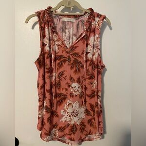 LOFT Floral Tie-Neck Tank Top, Pink, Size Medium